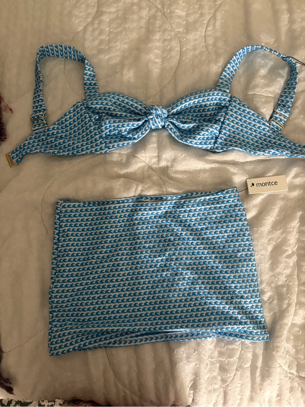 Montce Blue and White Wave-Print  top and bikini skirt cover. - Picture 2 of 10